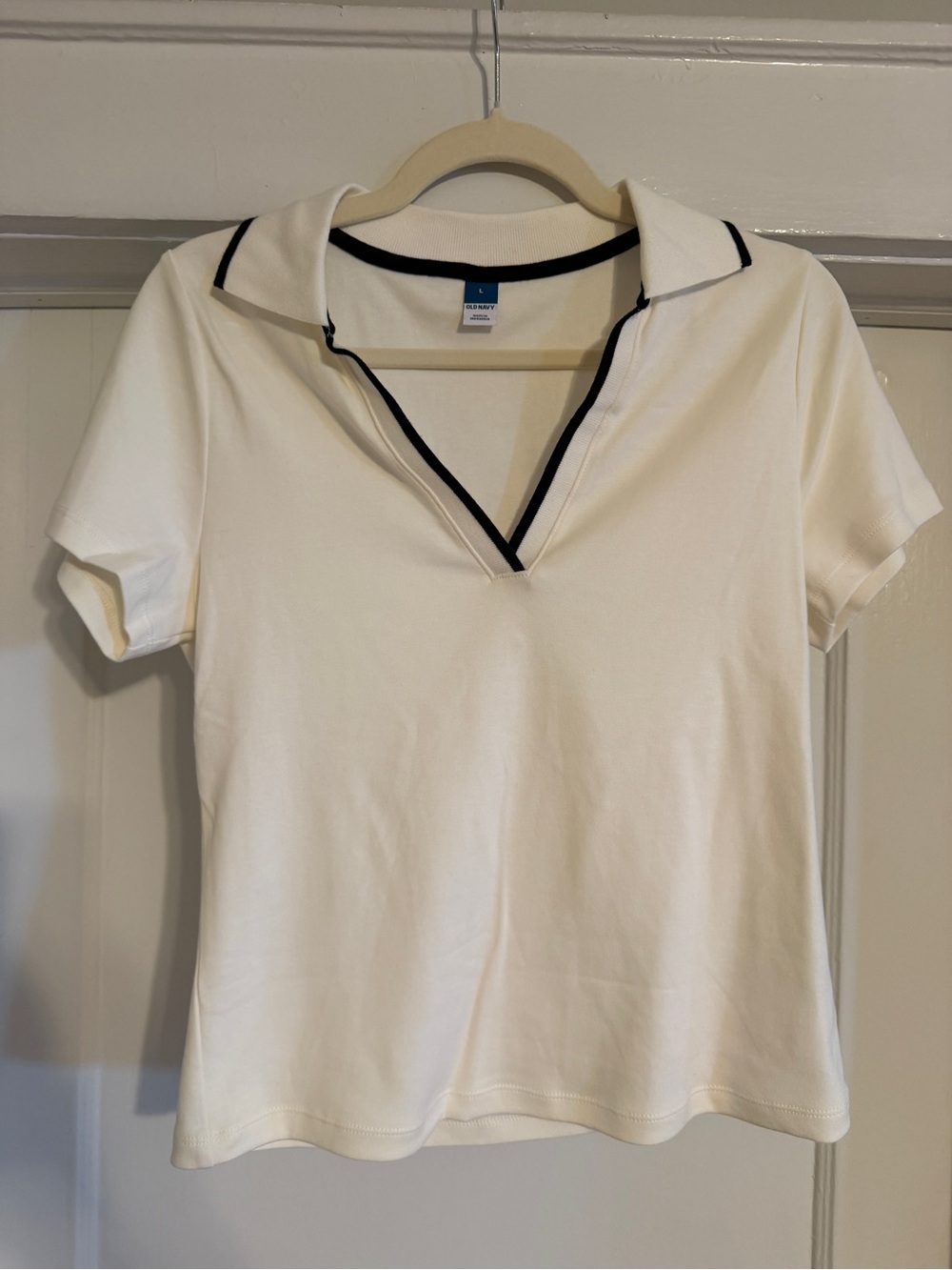 100% Cotton Women's White Polo V-Neck Top with Black Trim